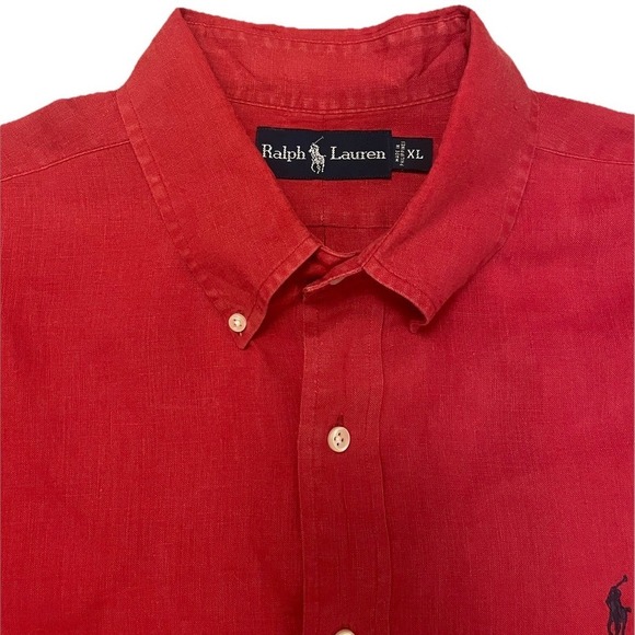 Vintage 90s Polo Ralph Lauren 100% Linen Button Down Shirt XL Red Burgundy Pony - Picture 2 of 10